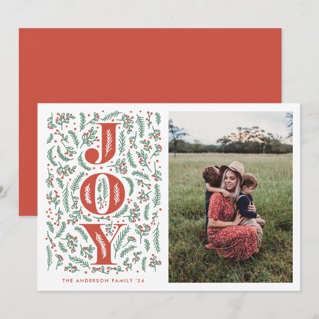 Cartes Pour Fêtes Annuelles Illustration photo botanique JOY rouge et vert (Devant / Derrière)