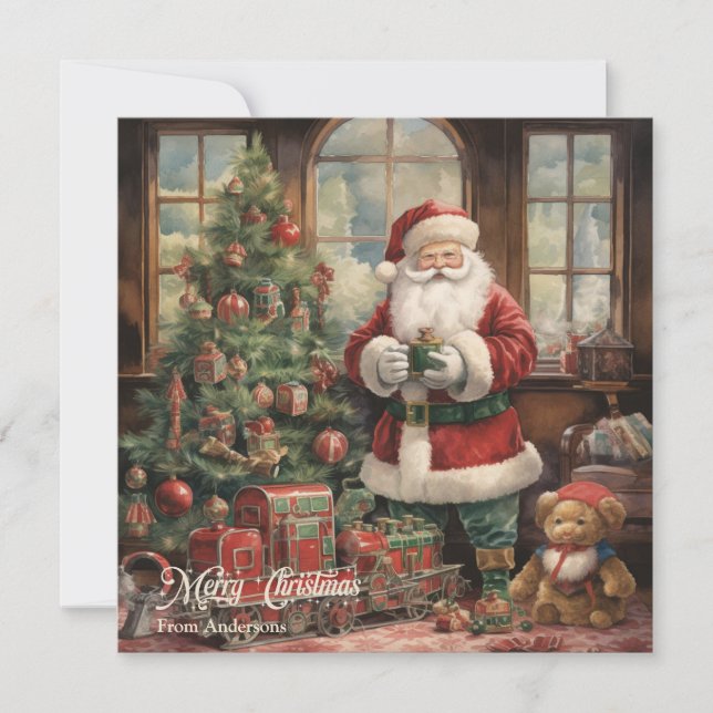 Cartes Pour Fêtes Annuelles Illustration rétro Santa Claus et sapin de Noël (Devant)