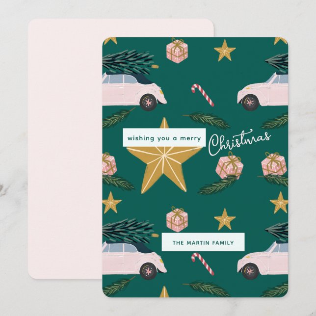 Cartes Pour Fêtes Annuelles Illustration Turquoise rose de Noël Arbre voitures (Devant / Derrière)