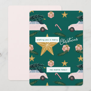 Cartes Pour Fêtes Annuelles Illustration Turquoise rose de Noël Arbre voitures