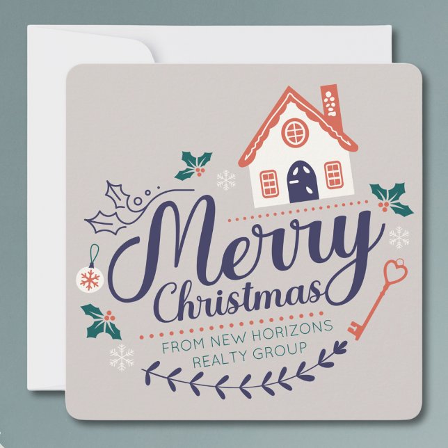 Cartes Pour Fêtes Annuelles Immobilier Affaires Promotionnel Noël moderne (Real Estate Agent Company Business Christmas Card modern wreath design with house elements custom)