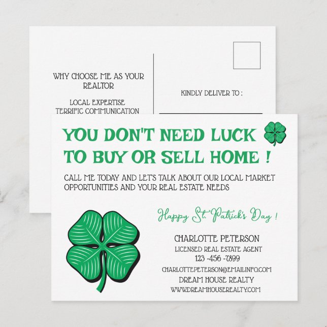 Cartes Pour Fêtes Annuelles Immobilier St Patrick's Day Marketing promotionnel (Devant / Derrière)