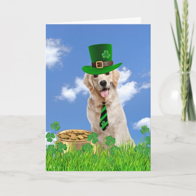 Cartes Pour Fêtes Annuelles Irlandais Golden Retriever avec pot d'or (Devant)