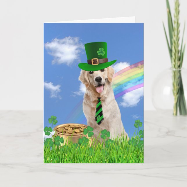 Cartes Pour Fêtes Annuelles Irlandais Golden Retriever avec pot d'or (Devant)