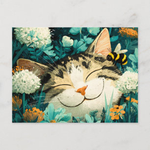 Cartes Pour Fêtes Annuelles Jardin de fleurs de chat endormi aquarelle abeille