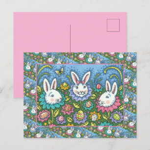 CARTES POUR FÊTES ANNUELLES JARDIN D'OEUFS DE PÂQUES BLANCS, FLEURS DE RABBIT