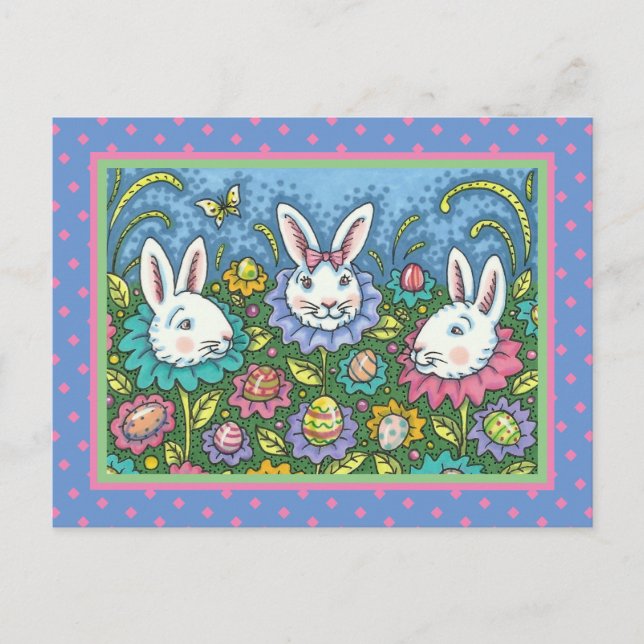 CARTES POUR FÊTES ANNUELLES JARDIN D'OEUFS DE PÂQUES BLANCS, FLEURS DE RABBIT  (Devant)