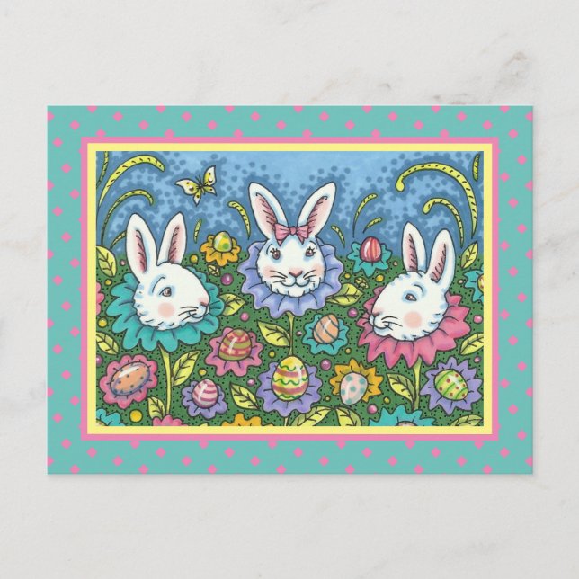 CARTES POUR FÊTES ANNUELLES JARDIN D'OEUFS DE PÂQUES BLANCS, FLEURS DE RABBIT  (Devant)