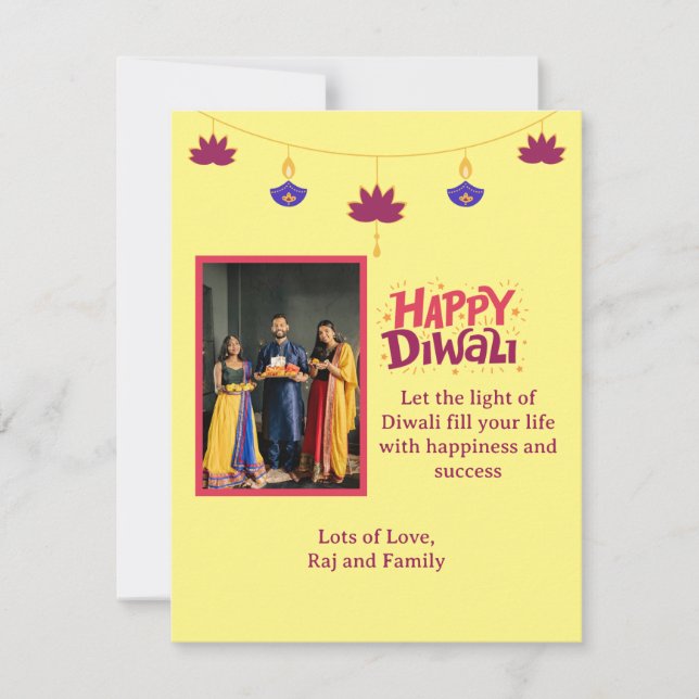 Cartes Pour Fêtes Annuelles Jaune Diwali heureux avec photo de famille (Devant)