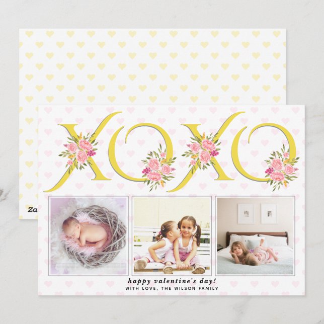 Cartes Pour Fêtes Annuelles Jaune, gris XOXO rose roses photo Valentines Day (Devant / Derrière)