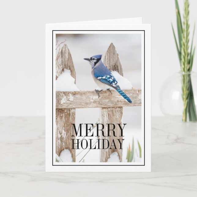 Cartes Pour Fêtes Annuelles Jay Bleu perché sur la clôture de neige (Devant)