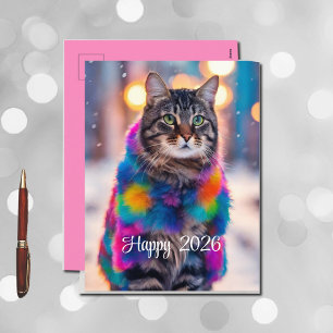 Cartes Pour Fêtes Annuelles Jazzy Kitty en manteau de fourrure - Joyeux 2026