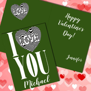 Cartes Pour Fêtes Annuelles Je t'aime coeur rayé noir et blanc sur vert