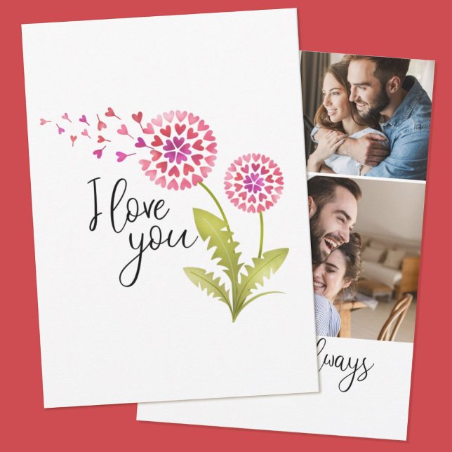 Cartes Pour Fêtes Annuelles Je t'aime Saint-Valentin floral (A cute 3 photo Valentine's Day card with a heart dandelion flower and the words," "love you")
