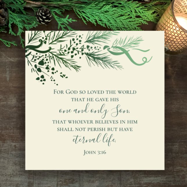 Cartes Pour Fêtes Annuelles Jean 3:16 Noël chrétien moderne personnalisé (John 3:16 elegant hand drawn pine greenery Christmas holiday greeting card. Personalize back script.)
