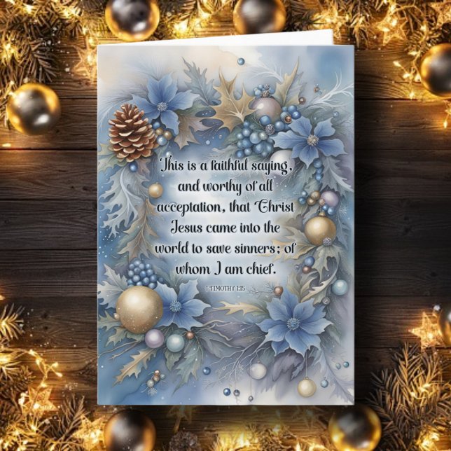 Cartes Pour Fêtes Annuelles Jésus Saves Verse Bleu Floral Noël chrétien (Créateur téléchargé)
