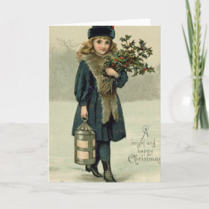 Cartes Pour Fêtes Annuelles Jeune fille avec Holly et Lantern