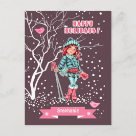 Cartes Pour Fêtes Annuelles Jeune fille skieuse | Nom personnalisé Noël