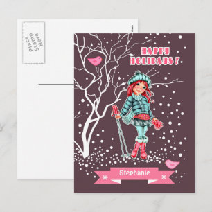 Cartes Pour Fêtes Annuelles Jeune fille skieuse Nom personnalisé Noël