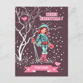 Cartes Pour Fêtes Annuelles Jeune fille skieuse | Nom personnalisé Noël