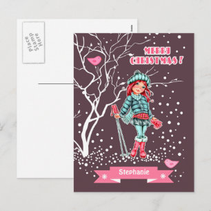 Cartes Pour Fêtes Annuelles Jeune fille skieuse Nom personnalisé Noël