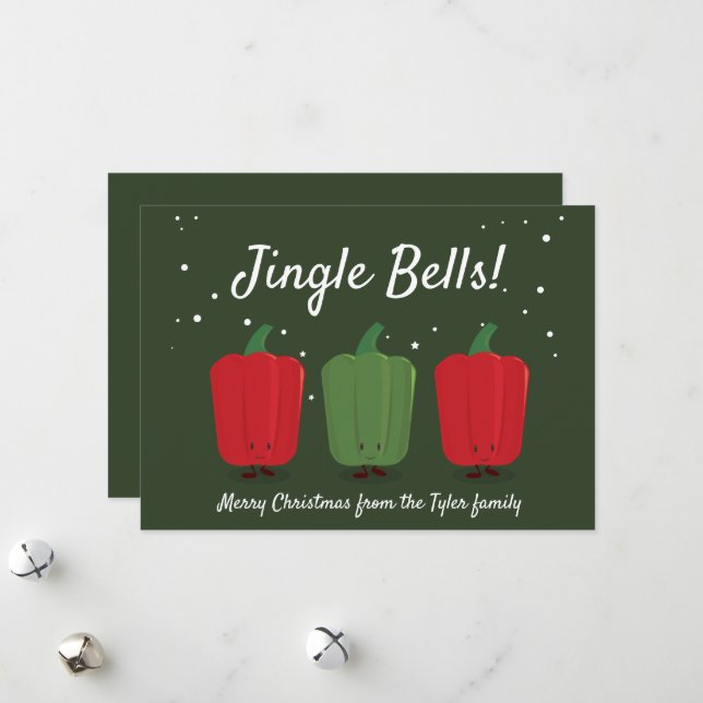 Cartes Pour Fêtes Annuelles Jingle Bell Peppers Amusants Pun Nourriture Cuite  (Devant/Arrière en situation)