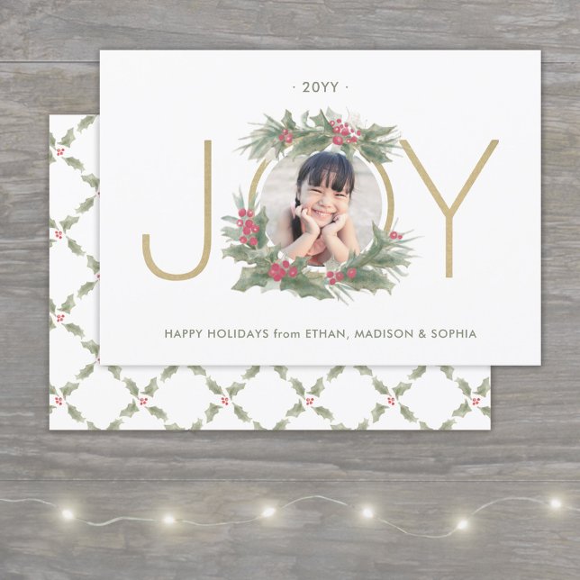 Cartes Pour Fêtes Annuelles JOIE Aquarelle couronne de Noël Photo personnalisé (Créateur téléchargé)