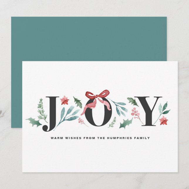 Cartes Pour Fêtes Annuelles JOIE Aquarelle Foliage et Fleurs (Devant / Derrière)