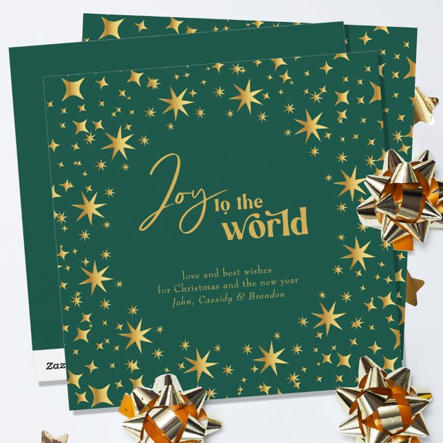 Cartes Pour Fêtes Annuelles Joie au monde Elégant Green et Gold Stars (Créateur téléchargé)