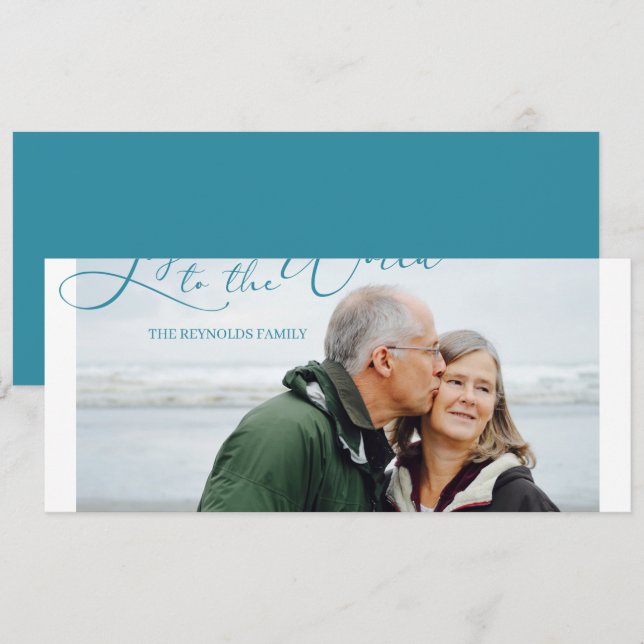 Cartes Pour Fêtes Annuelles Joie au monde Turquoise Photo Noël (Devant / Derrière)