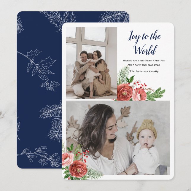 Cartes Pour Fêtes Annuelles Joie au monde Vœu de vacances avec photo (Devant / Derrière)