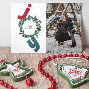 Cartes Pour Fêtes Annuelles Joie avec photo et couronne de noël sur bleu
