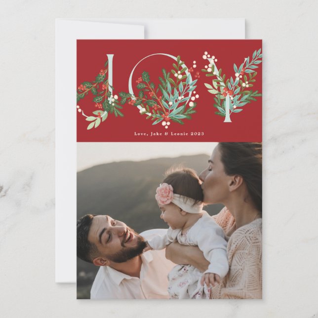 Cartes Pour Fêtes Annuelles JOIE botanique festive Noël traditionnel rouge (Devant)