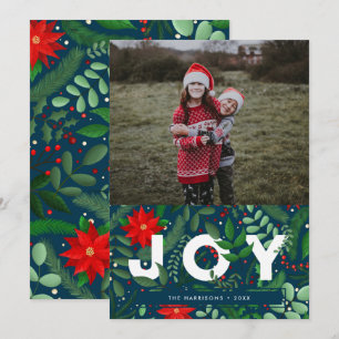 Cartes Pour Fêtes Annuelles Joie de Noël botanique (en bleu) Photo unique