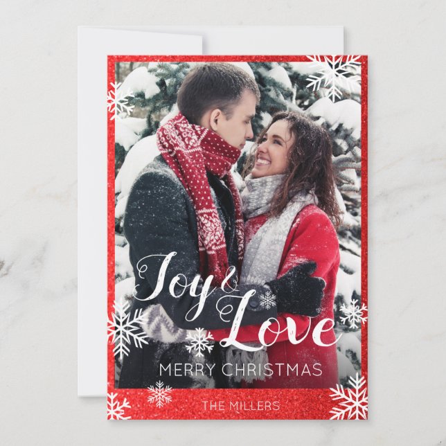 Cartes Pour Fêtes Annuelles Joie et amour Parties scintillant rouge Snowflakes (Devant)