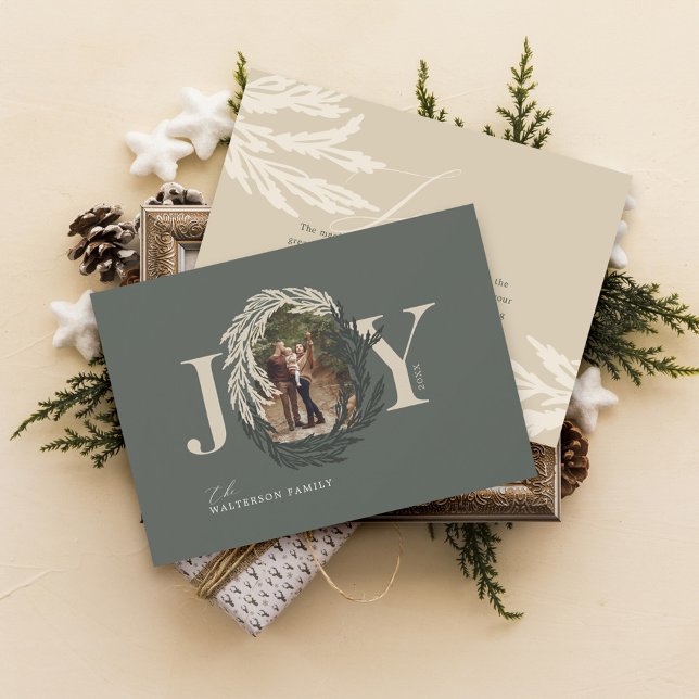 Cartes Pour Fêtes Annuelles Joie minimale élégante Garland hiver Photo Wreath (Minimal Elegant Joy Winter Garland Photo Wreath Holiday Card)