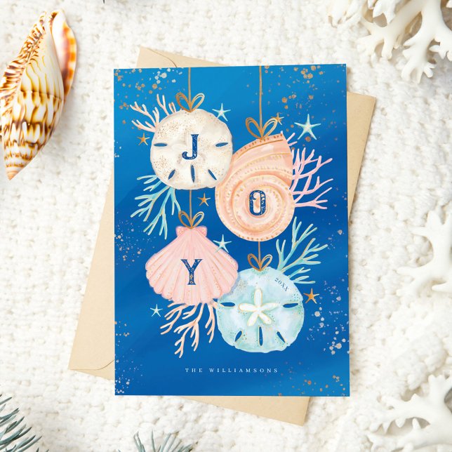 Cartes Pour Fêtes Annuelles Joie Noël Océan Aquarelle Coquillage Ornements (Joy Christmas Ocean Watercolor Seashell Ornaments Holiday Card)