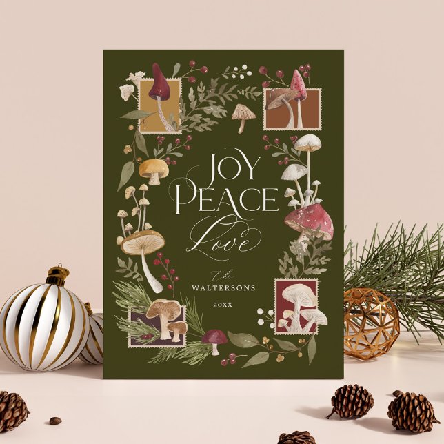 Cartes Pour Fêtes Annuelles Joie Peace Love Aquarelle Woodsy Mushrooms Photo (Joy Peace Love Watercolor Woodsy Mushrooms Photo H Holiday Card)