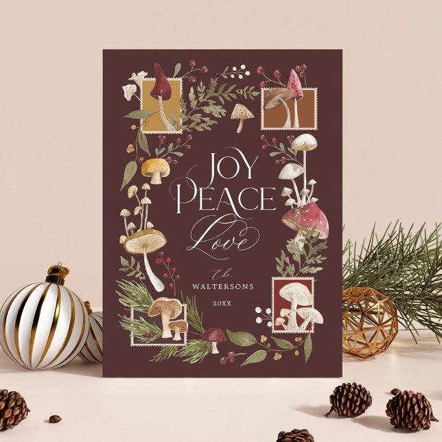 Cartes Pour Fêtes Annuelles Joie Peace Love Aquarelle Woodsy Mushrooms Photo (Joy Peace Love Watercolor Woodsy Mushrooms Photo Holiday Card)