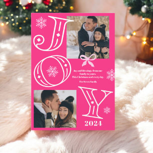 Cartes Pour Fêtes Annuelles Joie script 2 photos flocons de neige neon rose No