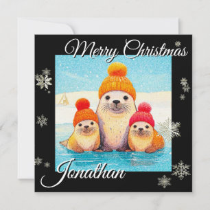 Cartes Pour Fêtes Annuelles Joints mignons avec casquette tricoté illustration