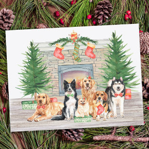 Cartes Pour Fêtes Annuelles Joli Amoureux des chiens Chiot Noël Cheminée Scène