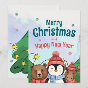 Cartes Pour Fêtes Annuelles Joli animal aquarelle Noël couleur bleue
