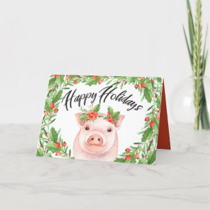 Cartes Pour Fêtes Annuelles Joli aquarelle Cochon heureux et baies