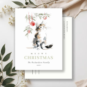 Cartes Pour Fêtes Annuelles Joli arbre de Noël félin à l'aquarelle moderne