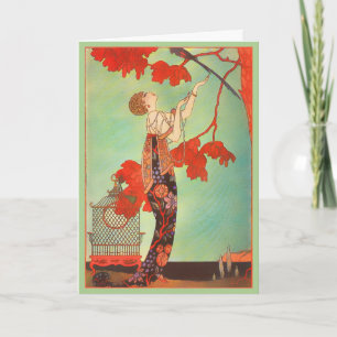 Cartes Pour Fêtes Annuelles Joli Art Nouveau français Cage à oiseaux perroquet