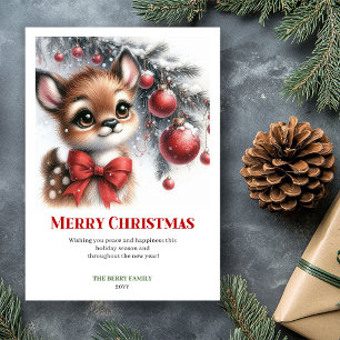 Cartes Pour Fêtes Annuelles Joli bébé cerf forêt enneigée aquarelle Noël