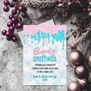 Cartes Pour Fêtes Annuelles Joli bleu rose aqua faux parties scintillant Noël