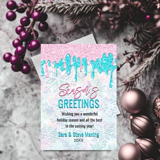 Cartes Pour Fêtes Annuelles Joli bleu rose aqua faux parties scintillant Noël (Créateur téléchargé)