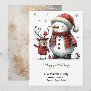 Cartes Pour Fêtes Annuelles Joli bonhomme de neige et renne